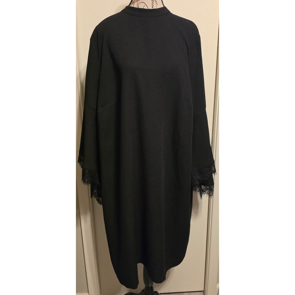 Eloquii Black Lace Trim Bell Sleeve Shift Dress Mock Neck Keyhole Back Size 20